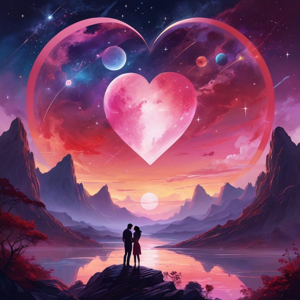 A cosmic landscape featuring vibrant planets symbolizing passion and intimacy, with the focus on a glowing heart-shaped planet at the center. Surround it with stars and constellations representing connections, while silhouettes of diverse couples are seen joyfully interacting in the foreground. The color palette should emphasize rich reds, purples, and soft pinks to evoke warmth and romance. digital painting. vibrant colors. ethereal atmosphere.