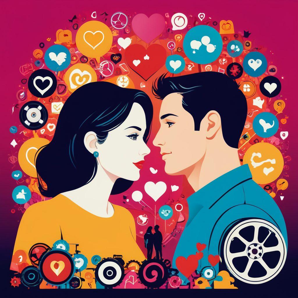 A vibrant illustration of a couple in conversation, surrounded by symbols representing adult entertainment like film reels, heart shapes, and playful icons. The background should feature a stylized map with paths leading to various engaging experiences, indicating exploration and connection. Include warm colors to evoke intimacy and openness. vector art. vibrant colors. 3D elements.