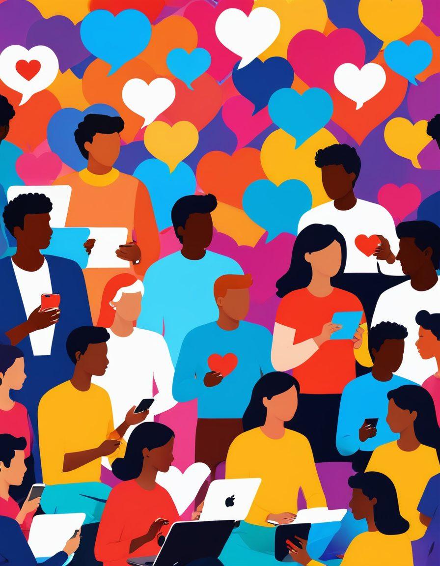 A dynamic illustration depicting a diverse group of people engaging in online dating through modern platforms on their smartphones and laptops. The scene should capture varied emotions like excitement, curiosity, and caution in a vibrant urban setting, with colorful chat bubbles and heart icons floating around. Include elements that represent casual connections, like coffee cups and playful emojis. Use bright, bold colors with a lively, contemporary style. vector art. vibrant colors.